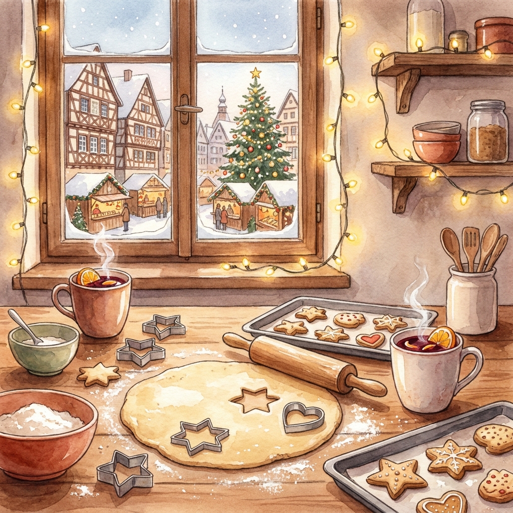Plätzchenbacken mit Ausstechformen und Glühwein, im Hintergrund ein Weihnachtsmarkt in der Fachwerkaltstadt