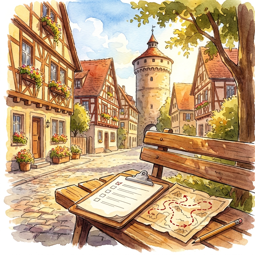 Fachwerkaltstadt mit Turm, im Vordergrund Checkliste und Rallye-Karte auf einer Bank