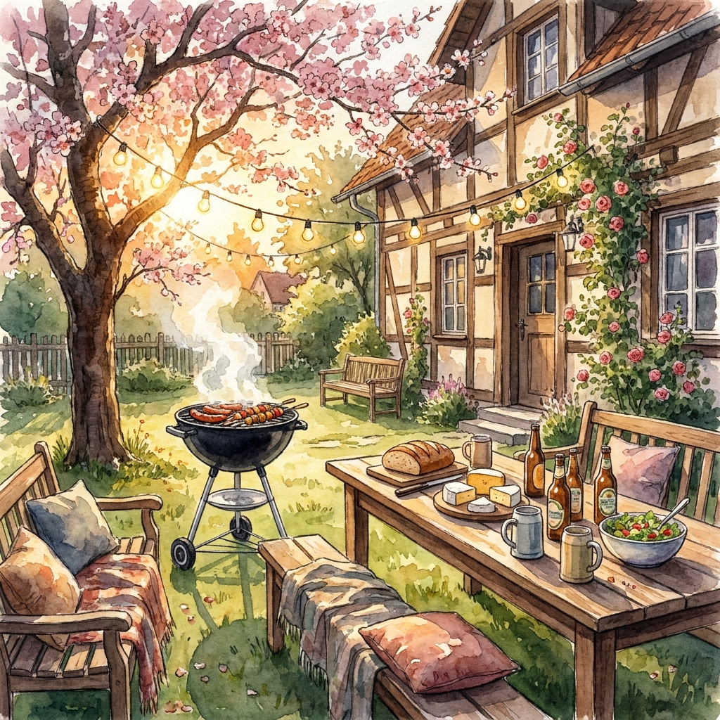 Grillabend im Hinterhof mit Lichterketten und blühendem Baum
