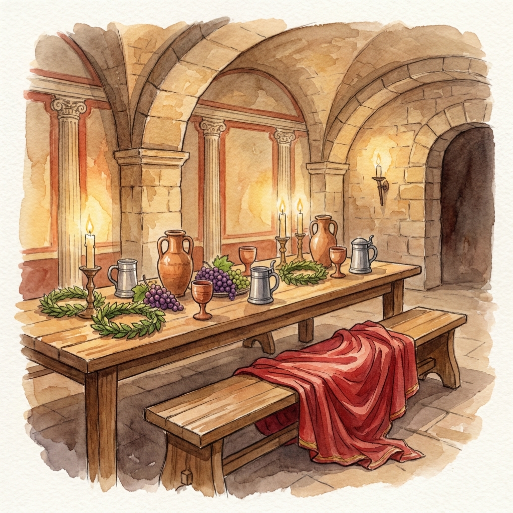 Römisch dekorierte Tafel mit Lorbeerkränzen, Amphoren und Bierkrügen